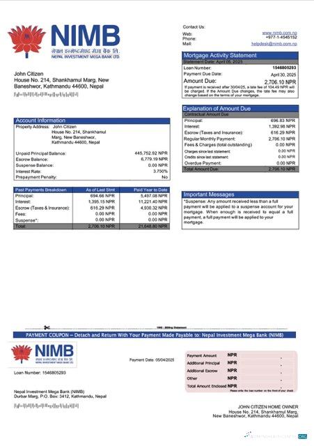 Download Nepal Investment Mega Bank (NIMB) mortgage statement Word and PDF template Photoshop template